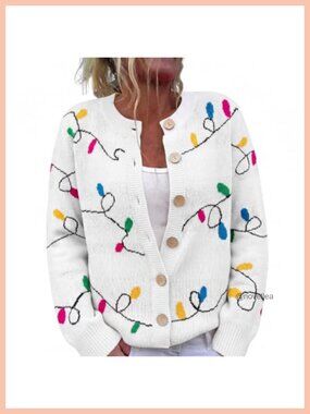 Women's Christmas Lights Knit Cardigan Button Front Long Sleeve Holiday Sweater
